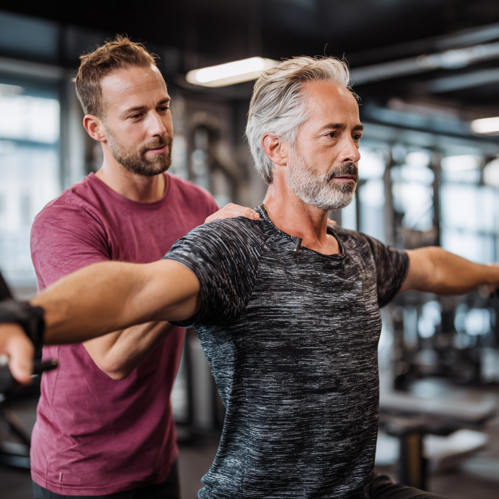 Hungarian fitness instructor demonstrating adaptive load techniques to a diverse group of adults in their 30s, 40s, and 50s